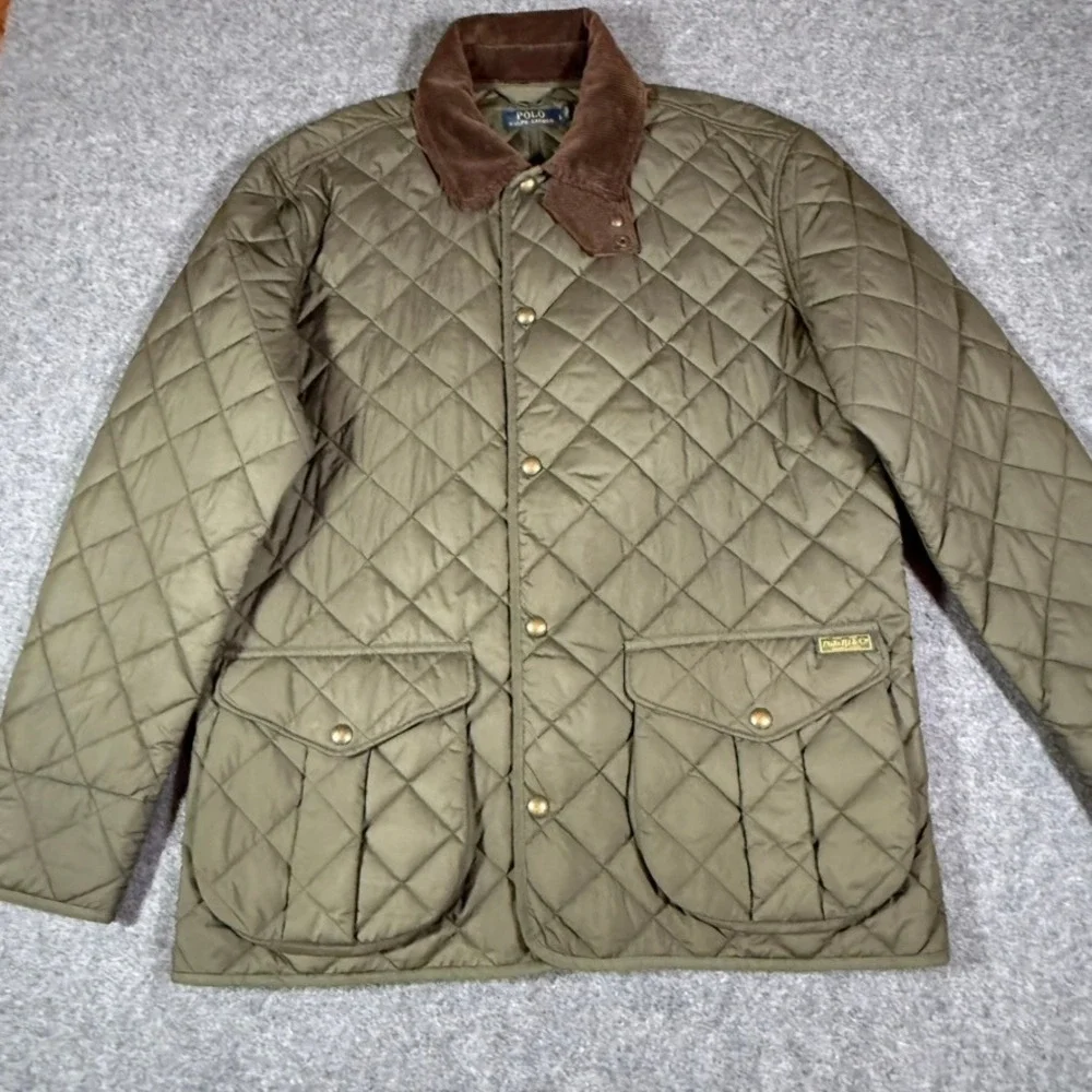 VTG Polo Ralph Lauren Mens Danbury Green Quilted Field Jacket Cord Collar Large